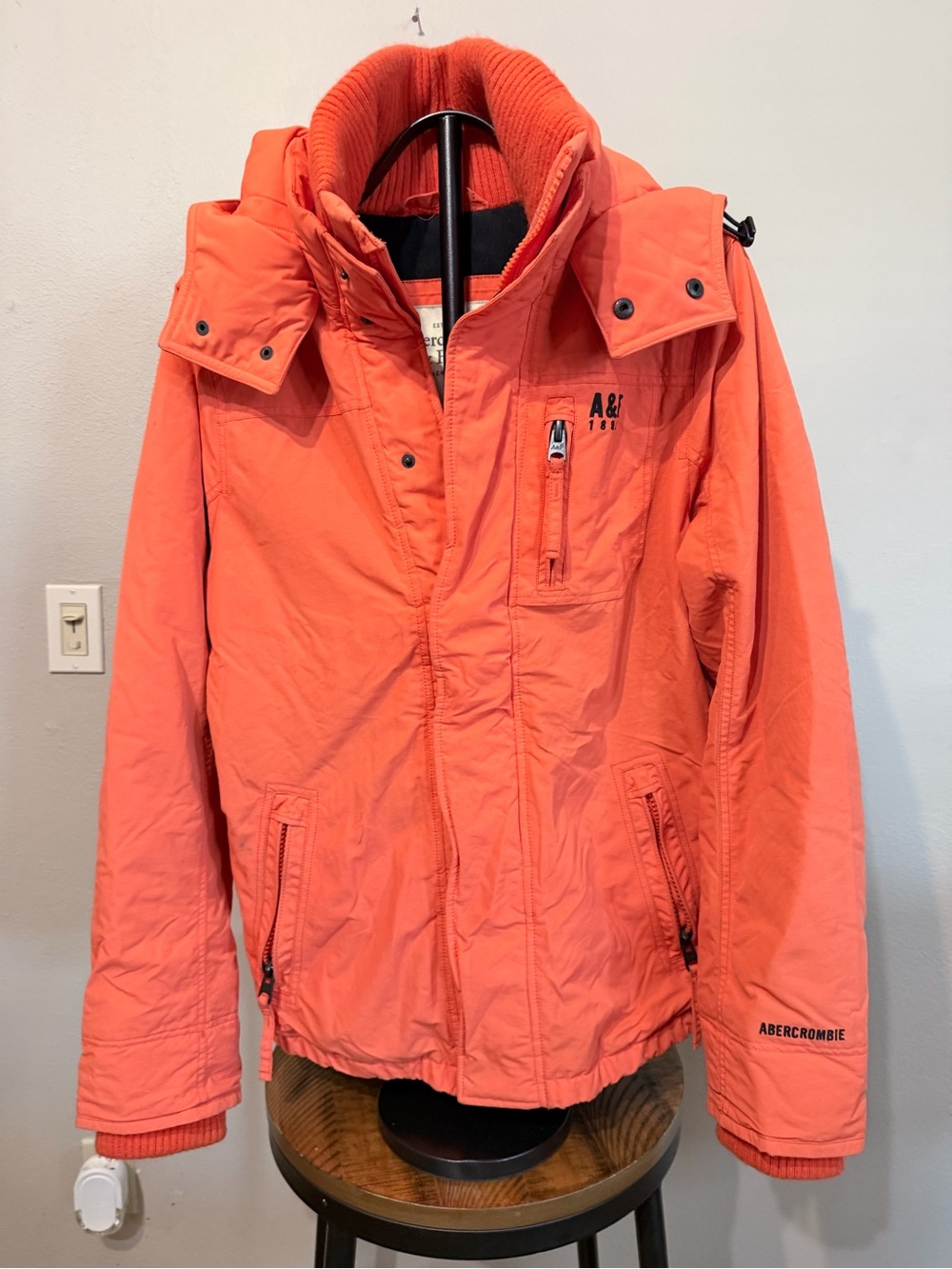 Abercrombie & Fitch Men's Bright Orange Hooded Jacket or Coat
